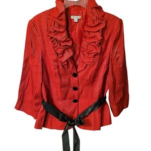 Liliana Christmas red ruffled collar jacket with satin tie - 14.       N71